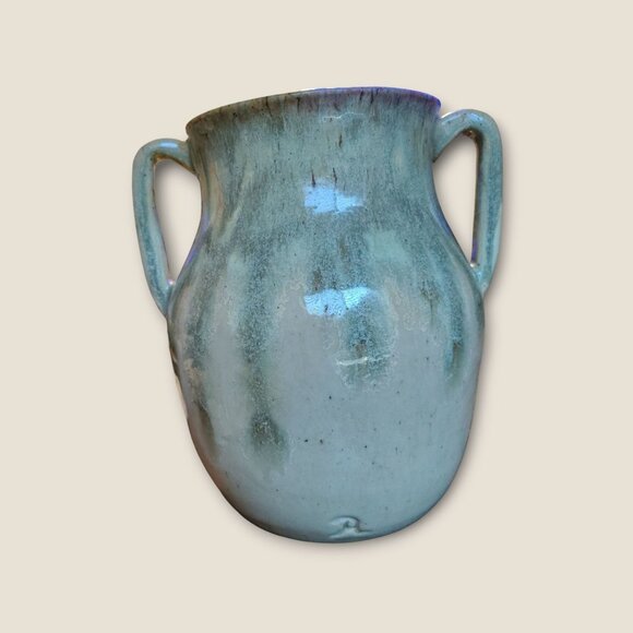 Handcrafted Two-Handled Pottery Vase 7.5"H X 8" Glazed Finish Unique Art Decor - Picture 4 of 9